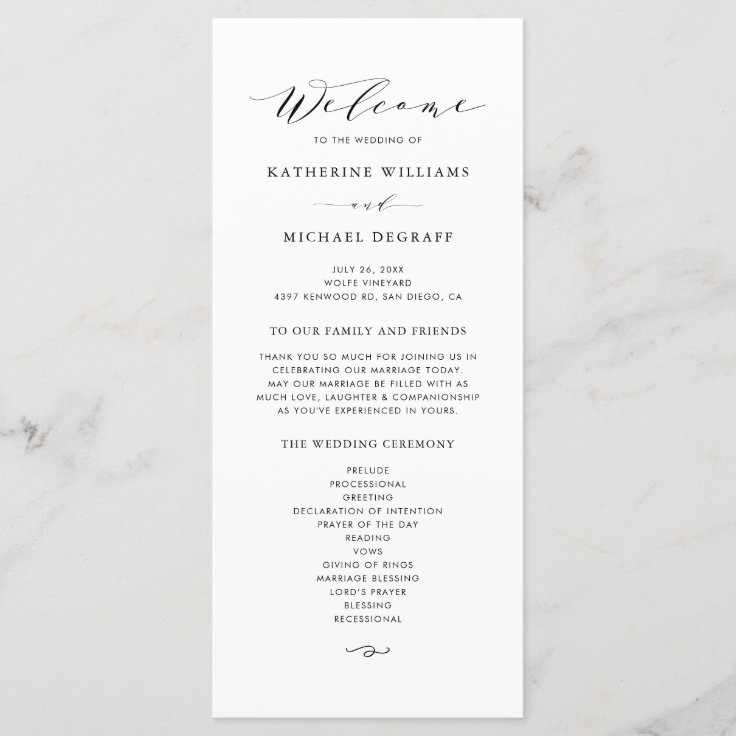 Black Minimalist Dainty Script Wedding Ceremony Program | Zazzle