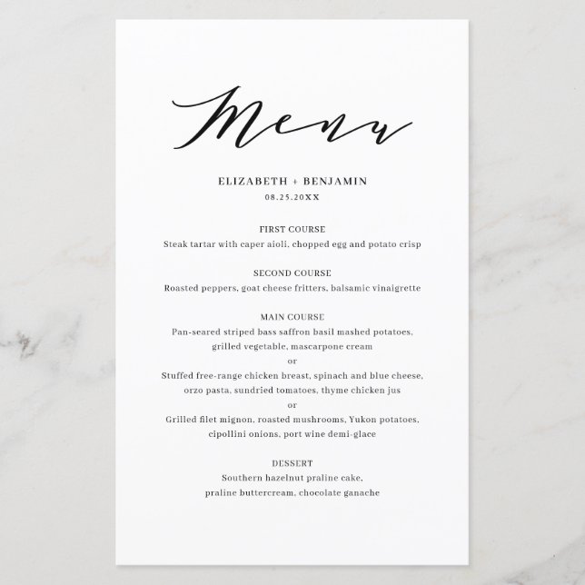 Black Minimalist Dainty Script Wedding Menu Card (Front)
