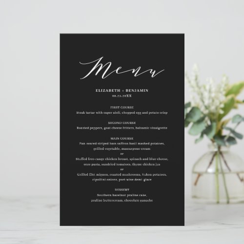 Black Minimalist Dainty Script Wedding Menu Card