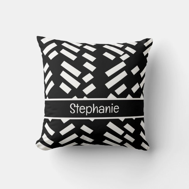 Black Minimalist Diagonal Stripe Pattern With Name Throw Pillow (Front)