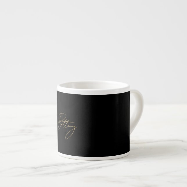  Black Minimalist & Elegant Gold Script Name Espresso Cup (Front Right)