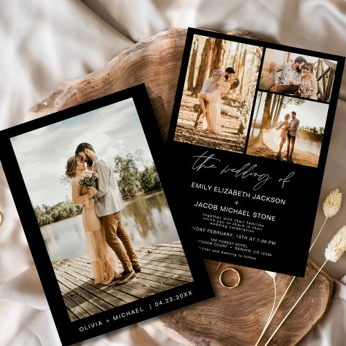 Black Minimalist Elegant Photo Wedding  Invitation