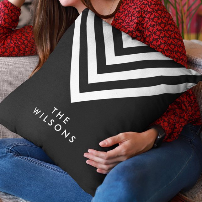 Black Minimalist Family Name White Chevron Throw Pillow (Creator Uploaded)