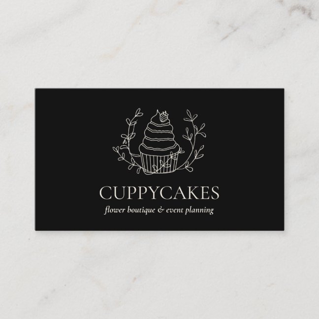 Black Minimalist Floral Bakery Strawberry Cupcake Business Card