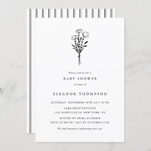 Black Minimalist Floral Bouquet Baby Shower Invitation