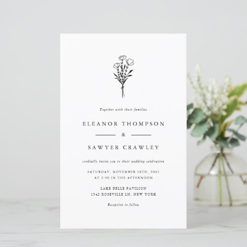 Black Minimalist Floral Bouquet Wedding Invitation