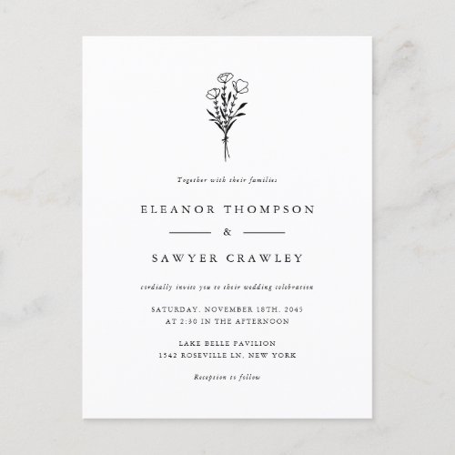 Black Minimalist Floral Bouquet Wedding Invitation Postcard