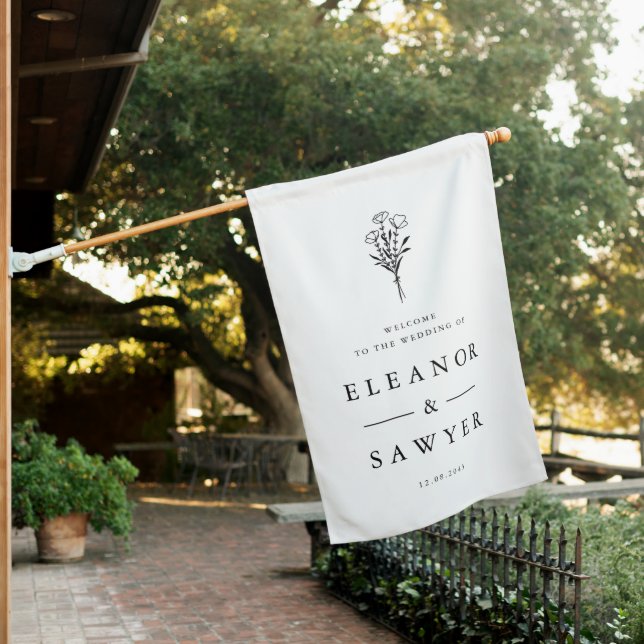 Black Minimalist Floral Bouquet Wedding  Welcome House Flag (In SItu)