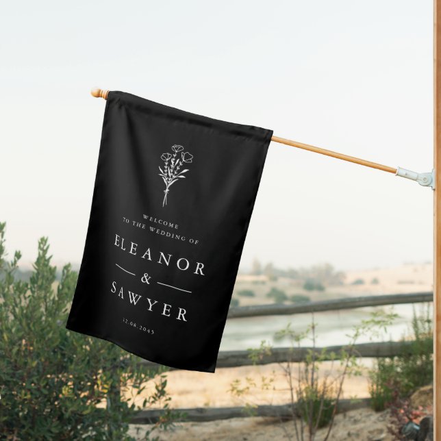 Black Minimalist Floral Bouquet Wedding  Welcome House Flag (Insitu (Back))