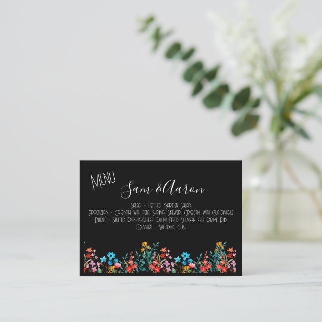 Black Minimalist Floral Wedding Menu Enclosure  (Standing Front)
