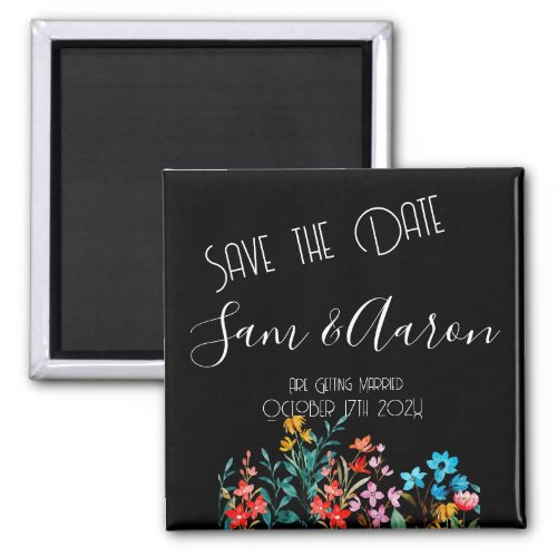 Black Minimalist Floral Wedding Save the Date Magnet