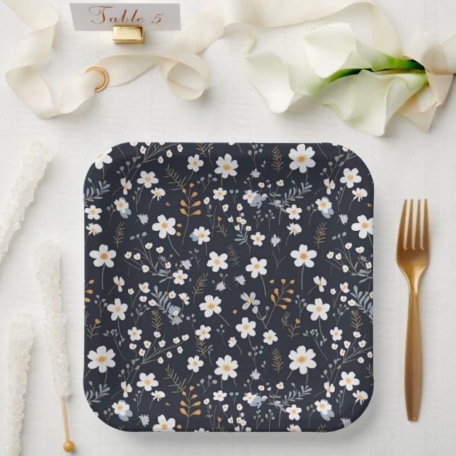 Black Minimalist Gentle Garden Wildflowers Nursery Paper Plates (Wedding)