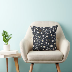 Black Minimalist Gentle Garden Wildflowers Nursery Throw Pillow