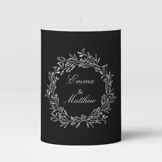 Black Minimalist Gothic Botanical Wreath Pillar Candle (Front)