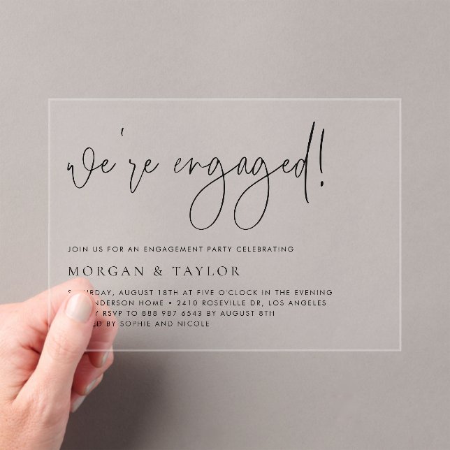 Black Minimalist Handwriting Engagement Party Acrylic Invitations (Insitu (Handheld))