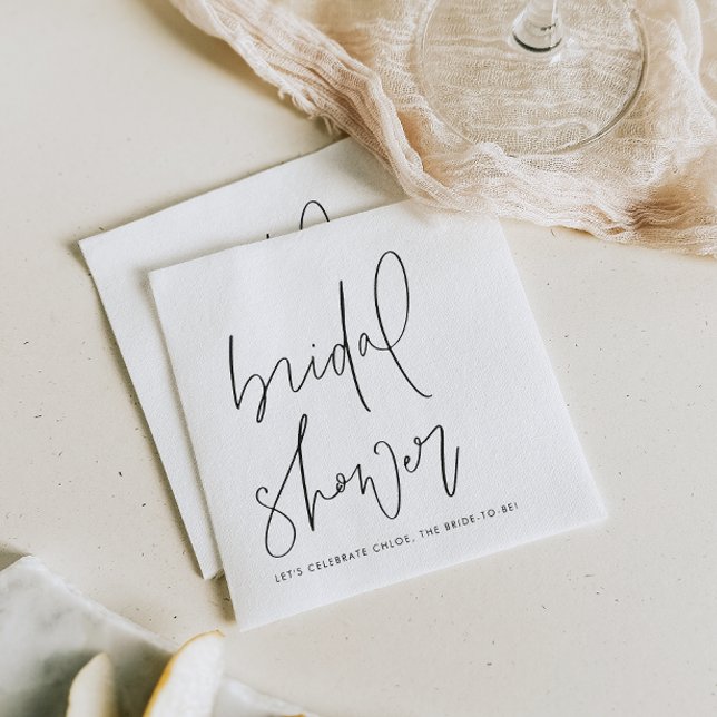 Black Minimalist Handwritten Script Bridal Shower Napkins (Minimalist bridal shower paper napkins featuring handwritten script and modern typography.)