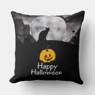 Black minimalist Happy Halloween Throw Pillow