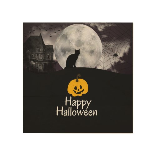 Black minimalist Happy Halloween Wood Wall Art