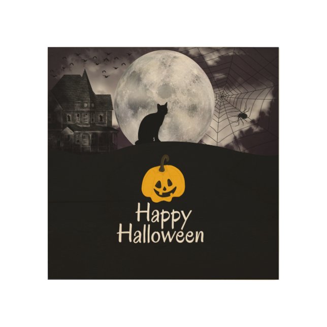 Black minimalist Happy Halloween Wood Wall Art (Front)