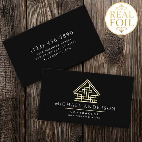 Black Minimalist Home Building Construction Luxe Foil Business Cards
