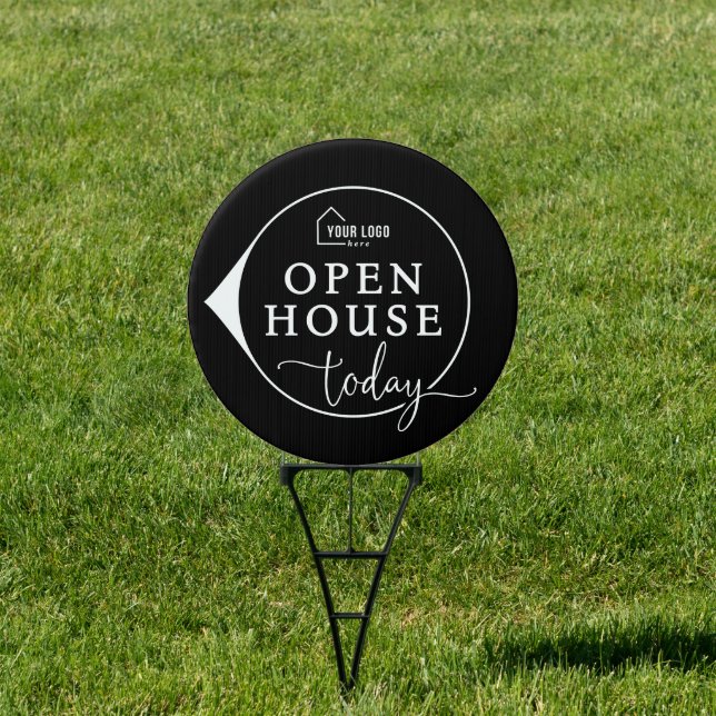 Black Minimalist Logo Open House Circle Yard Sign (Insitu)