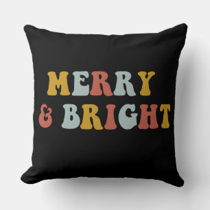 Black Minimalist Merry & Bright Christmas Holiday Throw Pillow