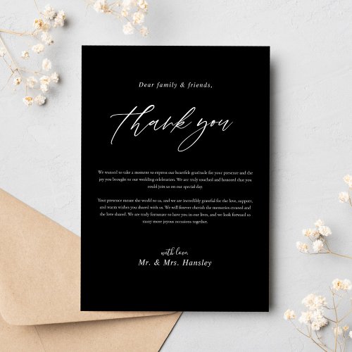 Black Minimalist Modern Calligraphy Wedding Thank You Card