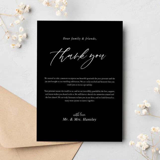 Black Minimalist Modern Calligraphy Wedding Thank You Card | Zazzle