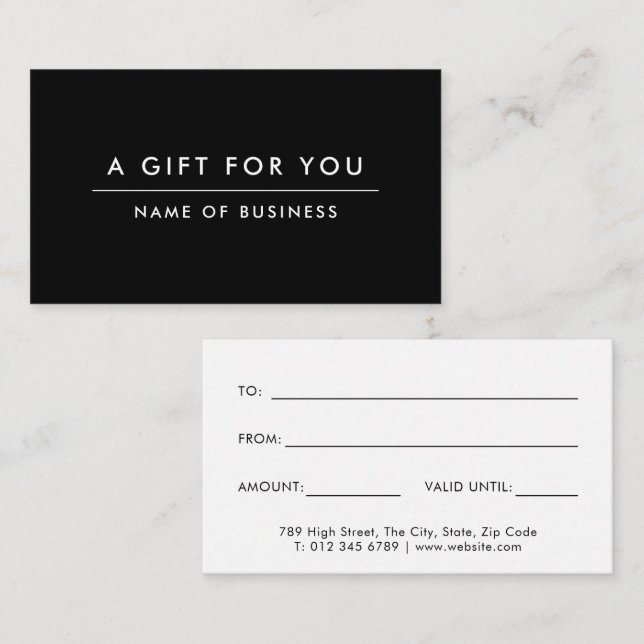 Black Minimalist Modern Gift Certificate Note Card (Front/Back)