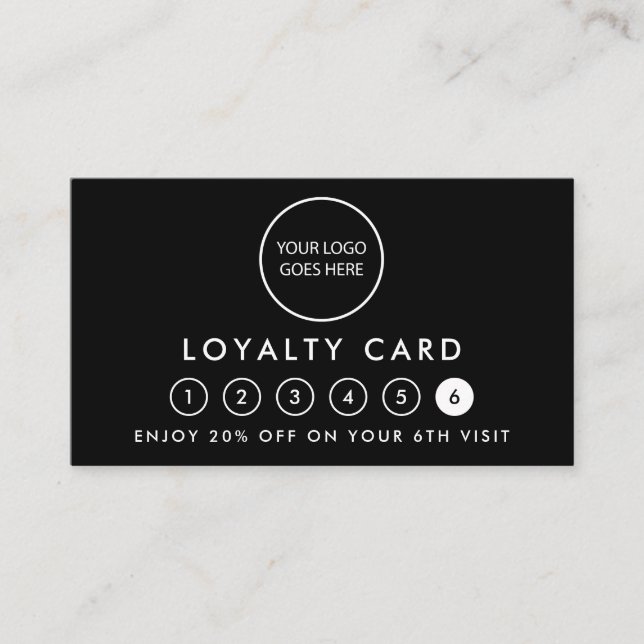 Black Minimalist Modern Logo 6 Punch Reward Loyalty Card (Front)