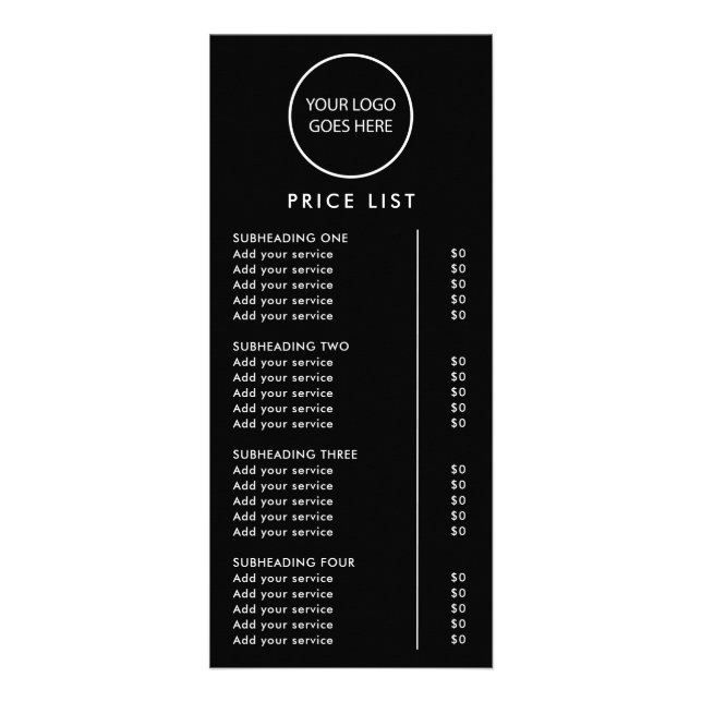 Black Minimalist Modern Logo Price List Rack Card (Front)