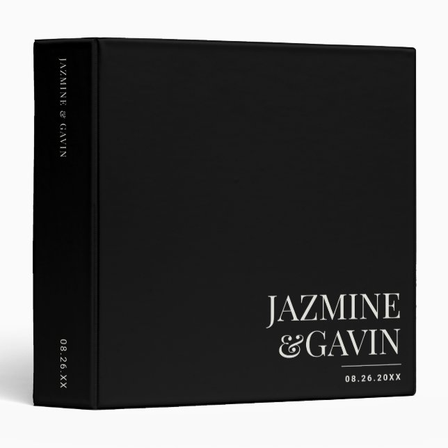 Black Minimalist Modern Personalized Wedding 3 Ring Binder (Front/Spine)
