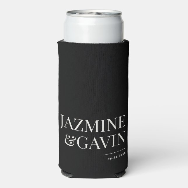 Black Minimalist Modern Personalized Wedding Seltzer Can Cooler (Seltzer Back)
