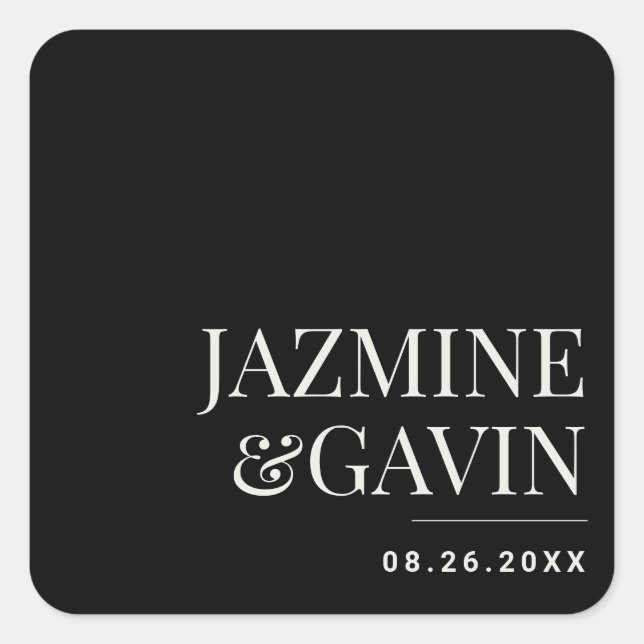 Black Minimalist Modern Personalized Wedding Square Sticker (Front)