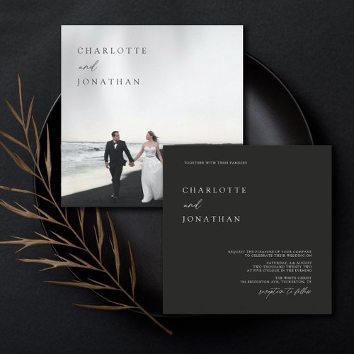 Black Minimalist Modern Photo Square Wedding Invitation