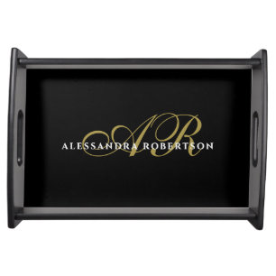 Black Minimalist Monogram Gold White Elegant Chic Serving Tray