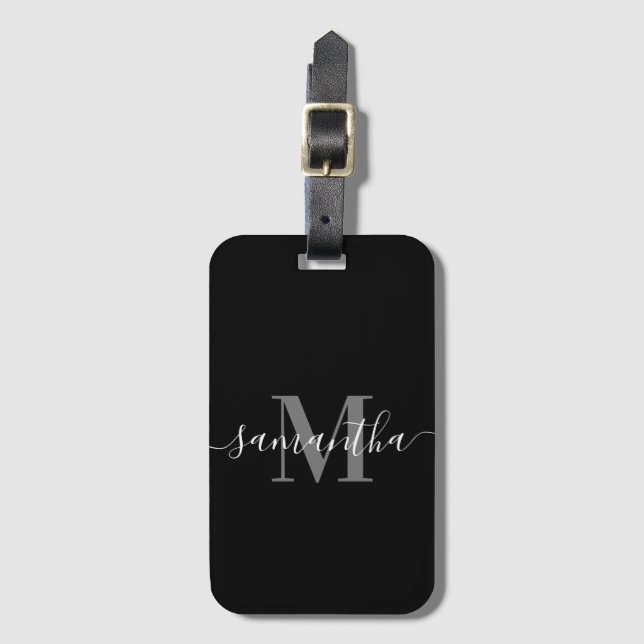 Black Minimalist Monogram Luggage Tag (Front Vertical)