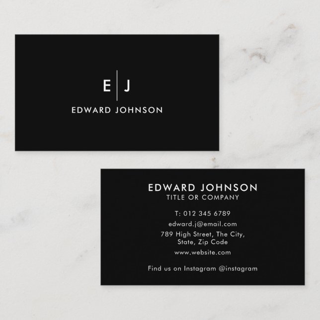 Black Minimalist Monogram Modern Professional Business Card (Front/Back)