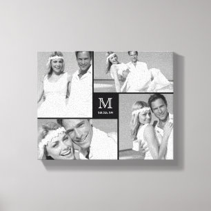 Black Minimalist Monogram Wedding 4 Photo Collage Canvas Print