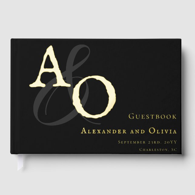 Black Minimalist Monogram Wedding Foil Guest Book (Front)