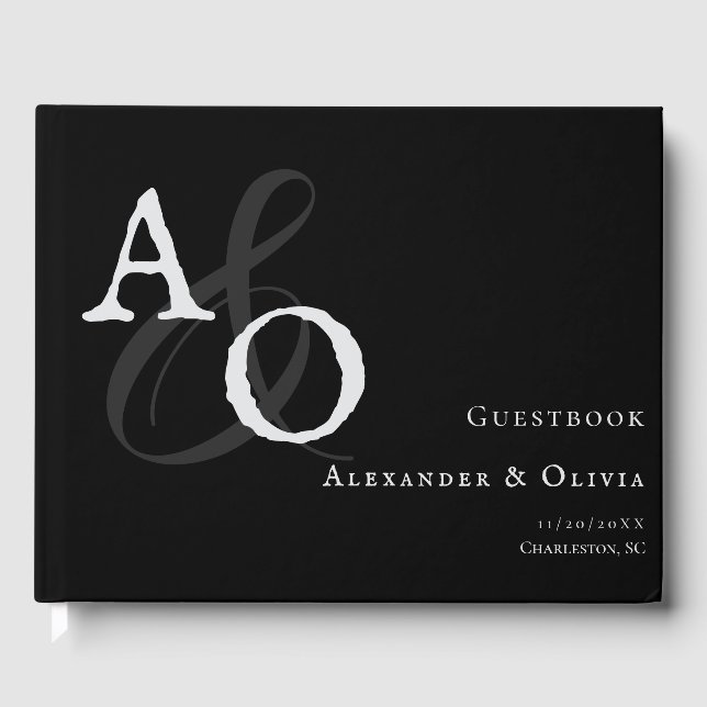 Black Minimalist Monogram Wedding Guest Book (Front)
