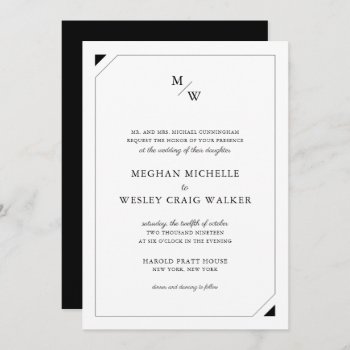 Black Minimalist Monogram Wedding Invitation by labellarue at Zazzle