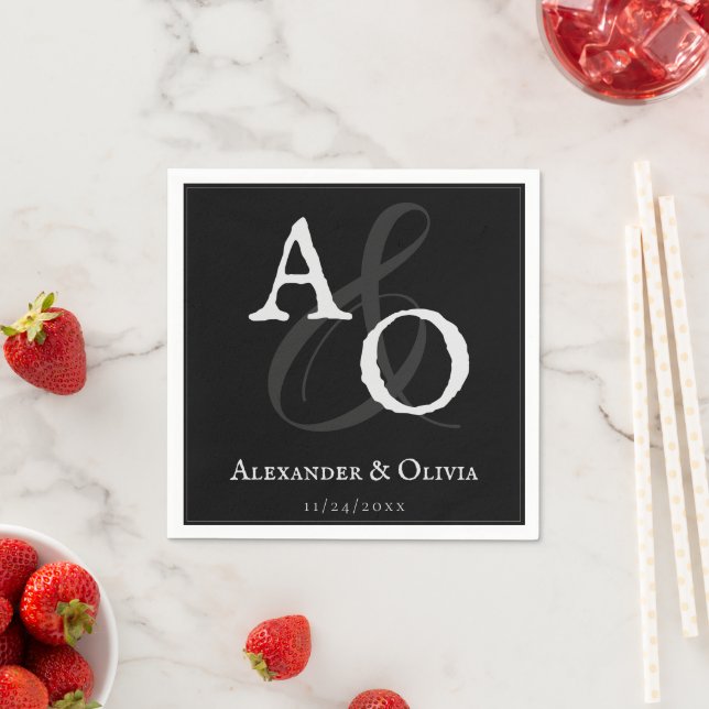 Black Minimalist Monogram Wedding Napkins (Insitu)