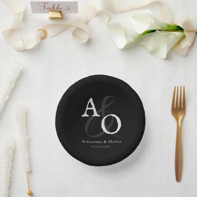 Black Minimalist Monogram Wedding Paper Bowls (Wedding)