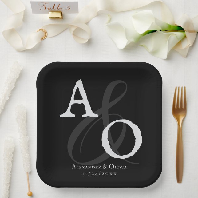 Black Minimalist Monogram Wedding Paper Plates (Wedding)