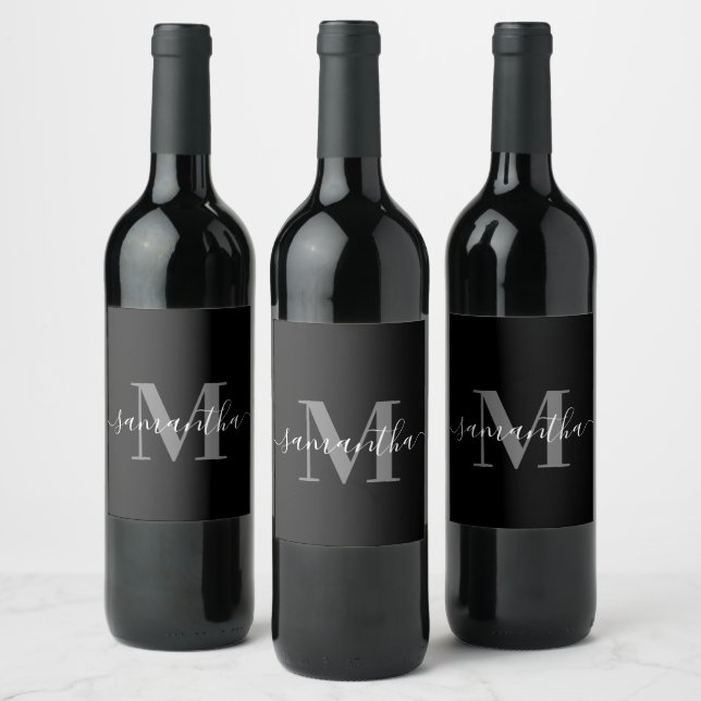 Black Minimalist Monogram Wine Label (Bottles)