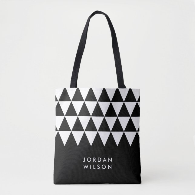 Black Minimalist Name White Triangle Pattern Tote Bag (Front)