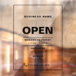 Black Minimalist Opening Hours with Company Name Window Cling