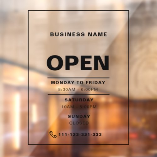 Black Minimalist Opening Hours with Company Name Window Cling