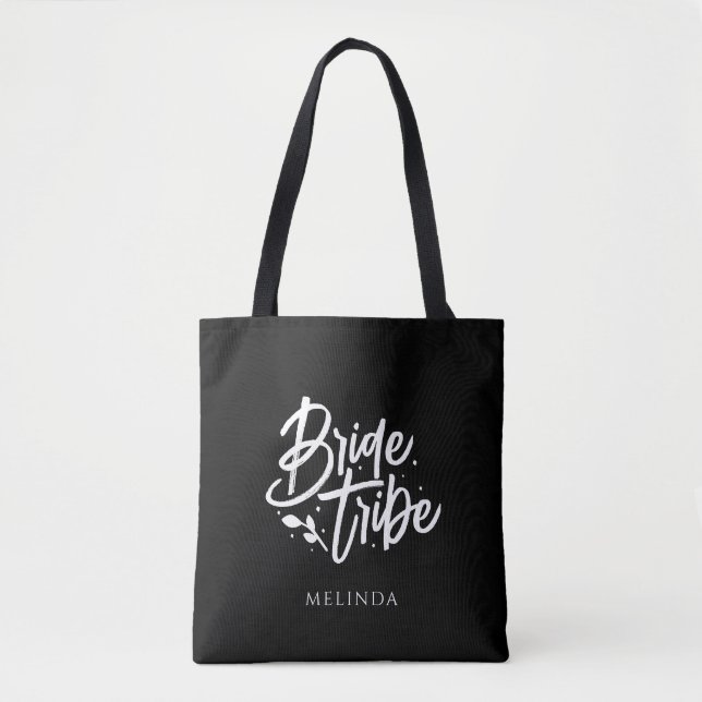Black Minimalist Personalized Bride Tribe Tote Bag (Front)